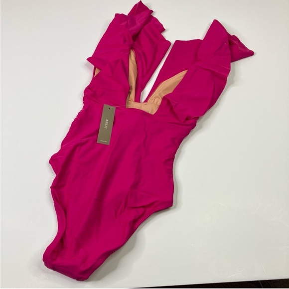 J. Crew | Hot Pink Ruched Ruffle One-Piece Swimsuit NWT - Picture 2 of 6